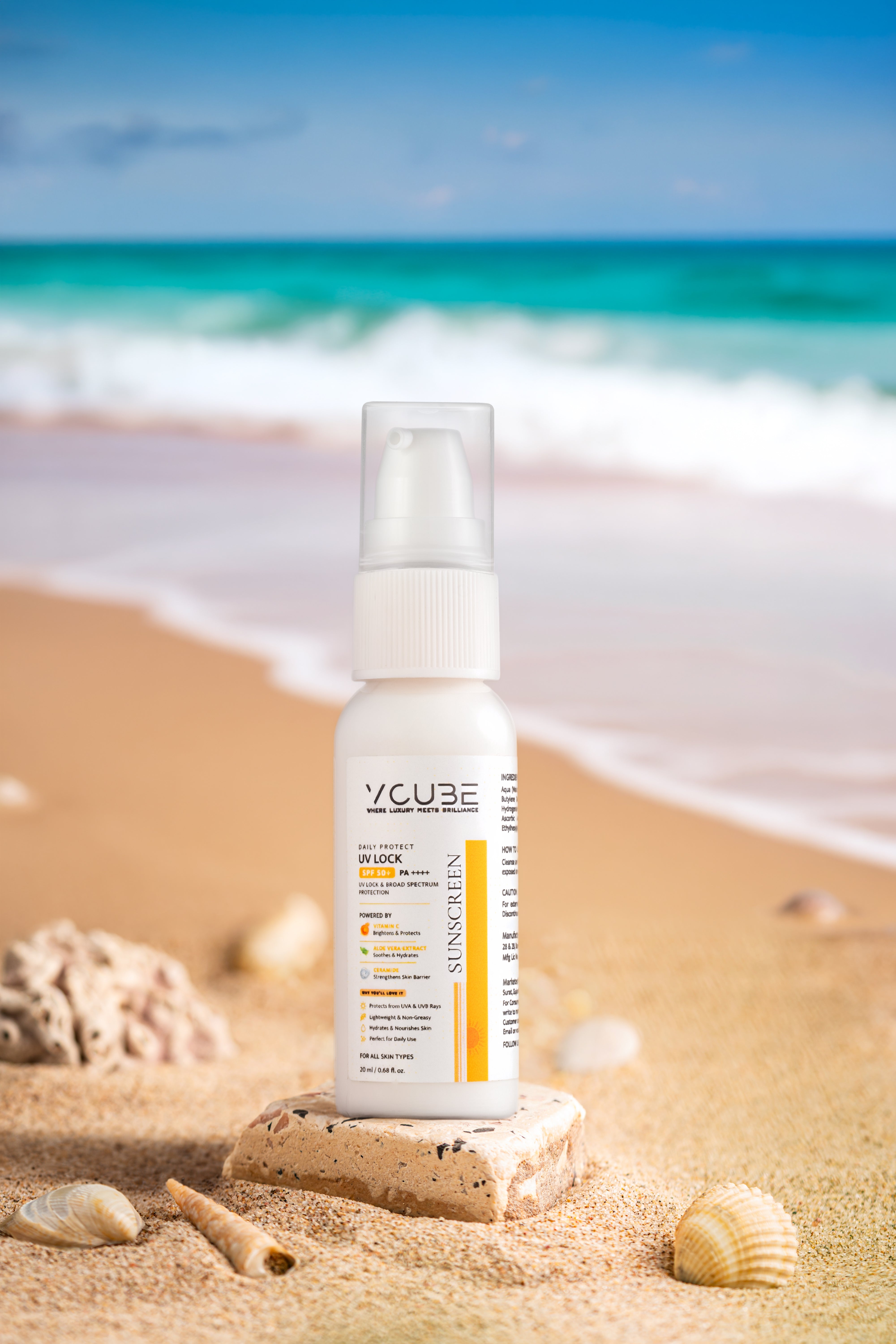 UV Lock Sunscreen SPF 50+ PA++++ UVA & UVB (with Vitamin C+ Niacinamide + Ceramider) 20 ML